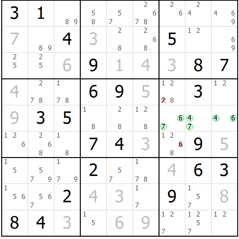 Position des candidats pour la solution de la Gr 15 page 18 du magazine de sudoku Virtuose n° 109