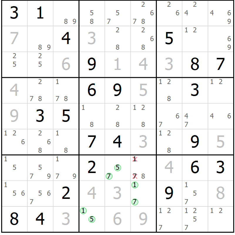 Position des candidats pour la solution de la Gr 15 page 18 du magazine de sudoku Virtuose n° 109