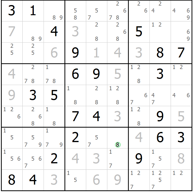 Position des candidats pour la solution de la Gr 15 page 18 du magazine de sudoku Virtuose n° 109