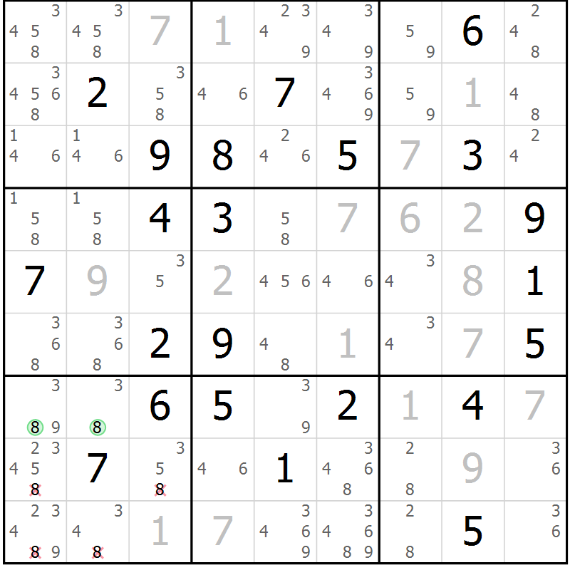 Position des candidats pour la solution de la Gr 16 page 19 du magazine de sudoku Virtuose n° 109