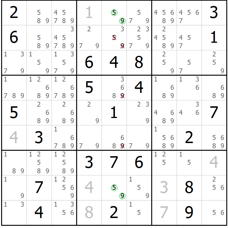 Position des candidats pour la solution de la Gr 18 page 21 du magazine de sudoku Virtuose n° 109