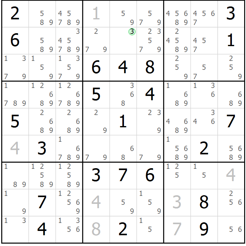 Position des candidats pour la solution de la Gr 18 page 21 du magazine de sudoku Virtuose n° 109