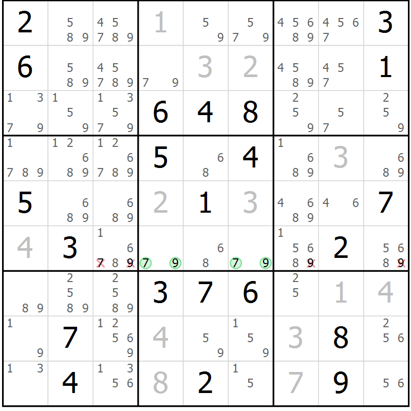 Position des candidats pour la solution de la Gr 18 page 21 du magazine de sudoku Virtuose n° 109