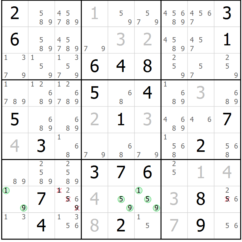 Position des candidats pour la solution de la Gr 18 page 21 du magazine de sudoku Virtuose n° 109