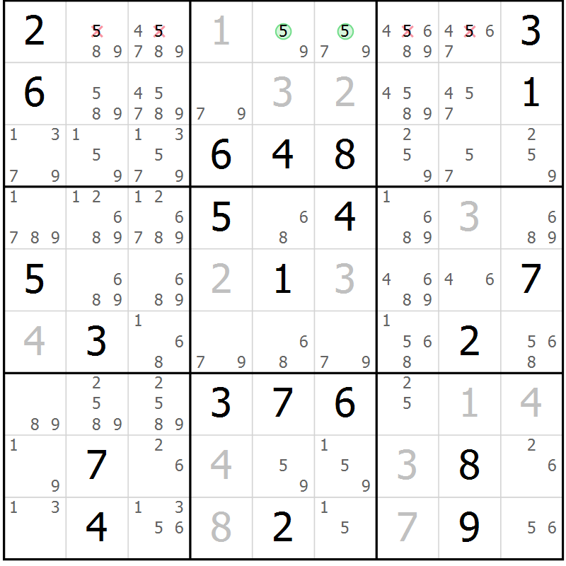 Position des candidats pour la solution de la Gr 18 page 21 du magazine de sudoku Virtuose n° 109