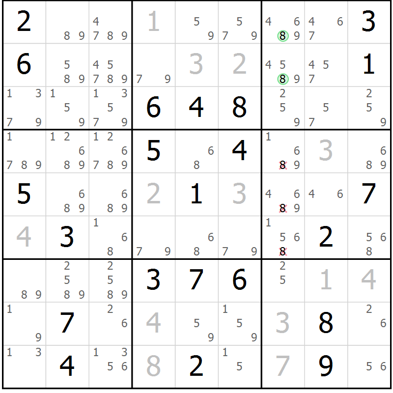 Position des candidats pour la solution de la Gr 18 page 21 du magazine de sudoku Virtuose n° 109