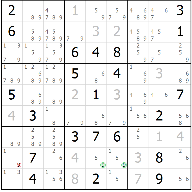 Position des candidats pour la solution de la Gr 18 page 21 du magazine de sudoku Virtuose n° 109