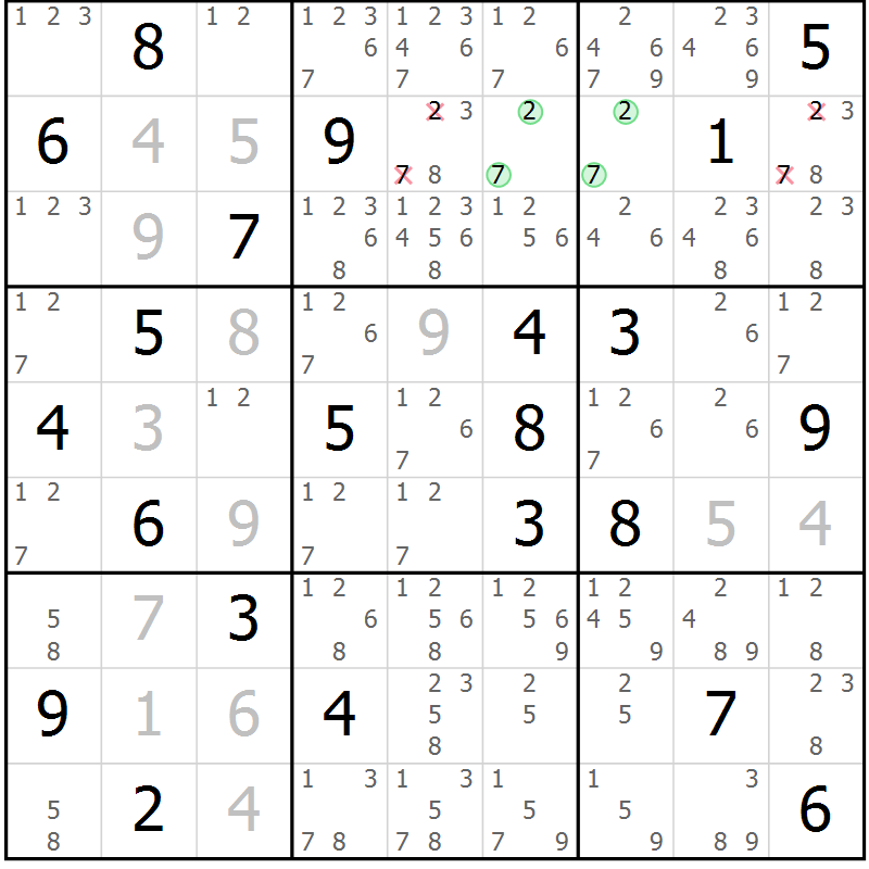 Position des candidats pour la solution de la Gr 2 page 5 du magazine de sudoku Virtuose n° 109