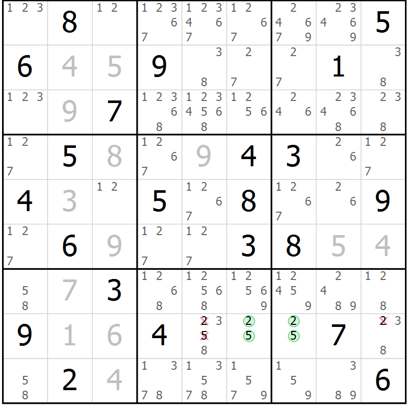 Position des candidats pour la solution de la Gr 2 page 5 du magazine de sudoku Virtuose n° 109