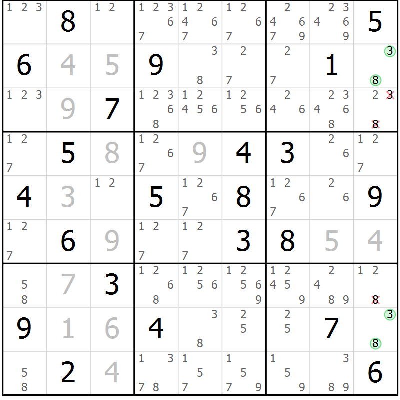 Position des candidats pour la solution de la Gr 2 page 5 du magazine de sudoku Virtuose n° 109