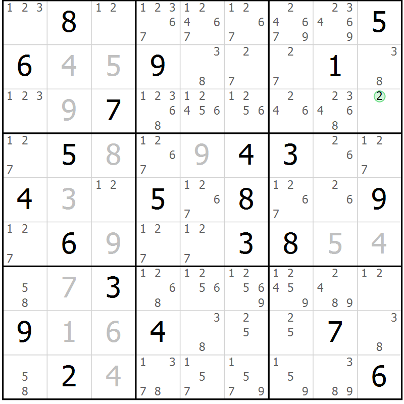 Position des candidats pour la solution de la Gr 2 page 5 du magazine de sudoku Virtuose n° 109