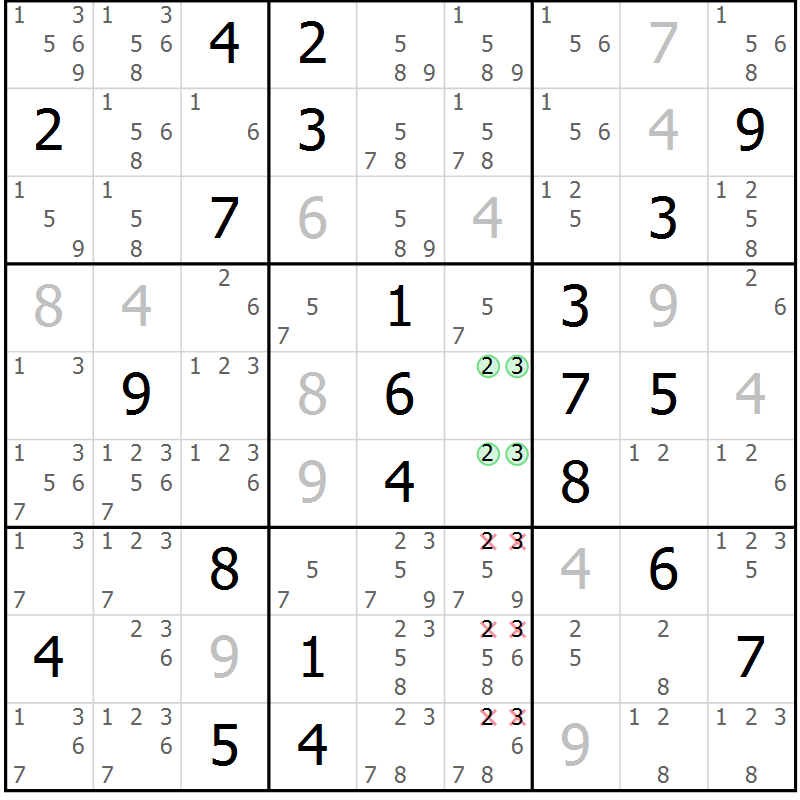 Position des candidats pour la solution de la Gr 20 page 23 du magazine de sudoku Virtuose n° 109