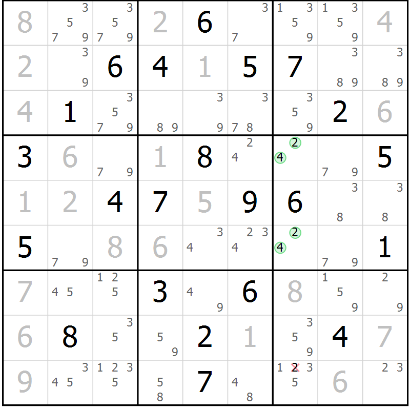 Position des candidats pour la solution de la Gr 22 page 25 du magazine de sudoku Virtuose n° 109