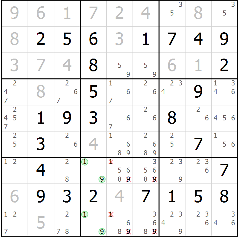 Position des candidats pour la solution de la Gr 23 page 26 du magazine de sudoku Virtuose n° 109