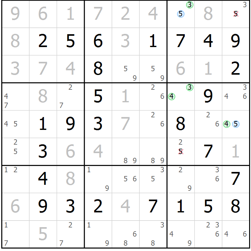 Position des candidats pour la solution de la Gr 23 page 26 du magazine de sudoku Virtuose n° 109