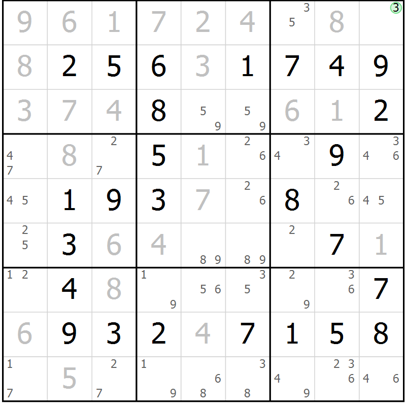 Position des candidats pour la solution de la Gr 23 page 26 du magazine de sudoku Virtuose n° 109