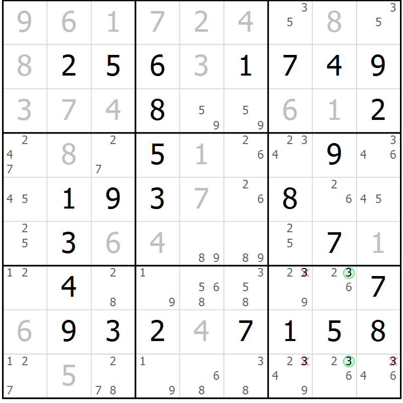 Position des candidats pour la solution de la Gr 23 page 26 du magazine de sudoku Virtuose n° 109
