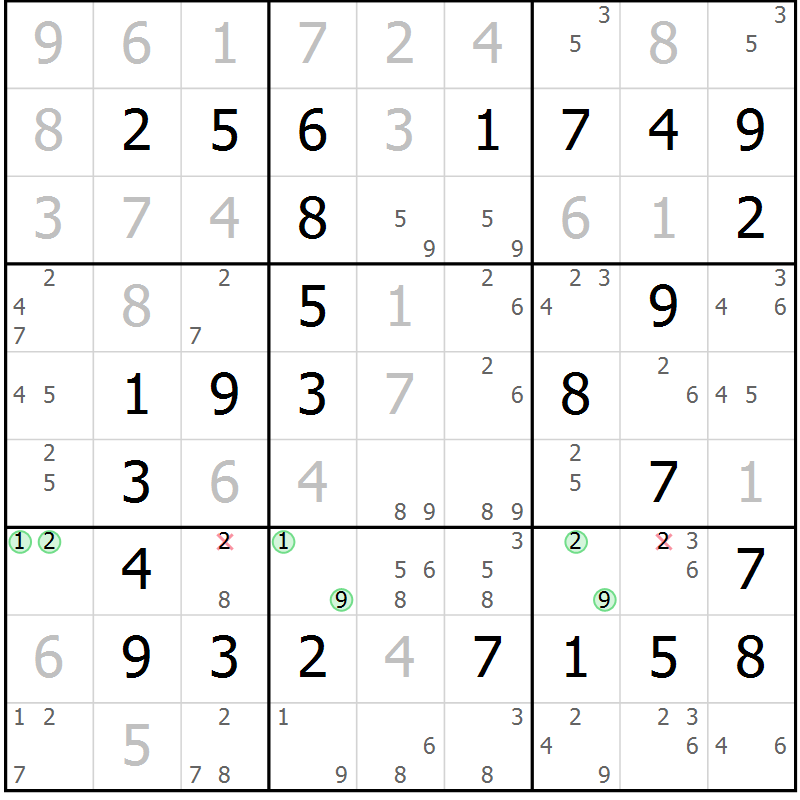 Position des candidats pour la solution de la Gr 23 page 26 du magazine de sudoku Virtuose n° 109