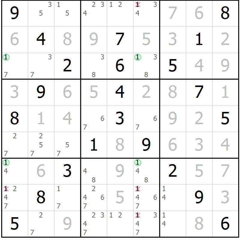 Position des candidats pour la solution de la Gr 25 page 28 du magazine de sudoku Virtuose n° 109