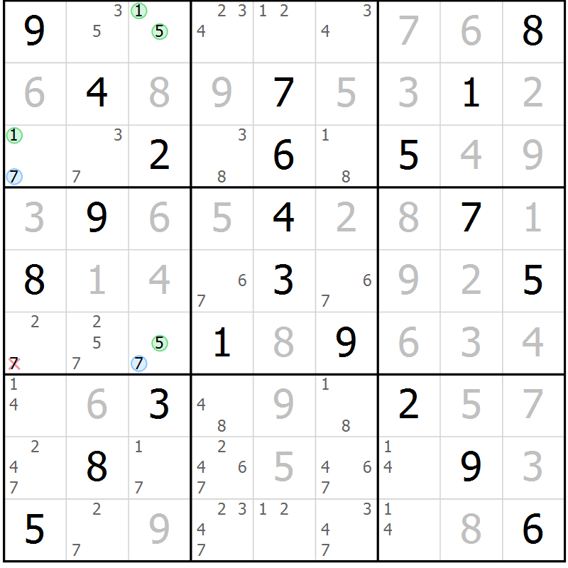 Position des candidats pour la solution de la Gr 25 page 28 du magazine de sudoku Virtuose n° 109