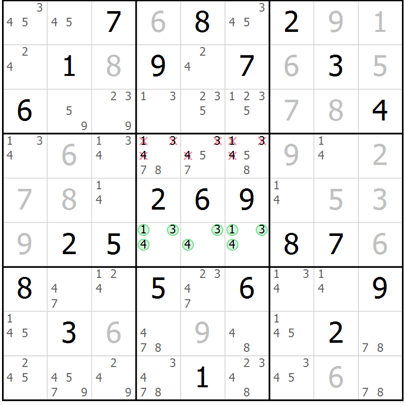 Position des candidats pour la solution de la Gr 28 page 31 du magazine de sudoku Virtuose n° 109