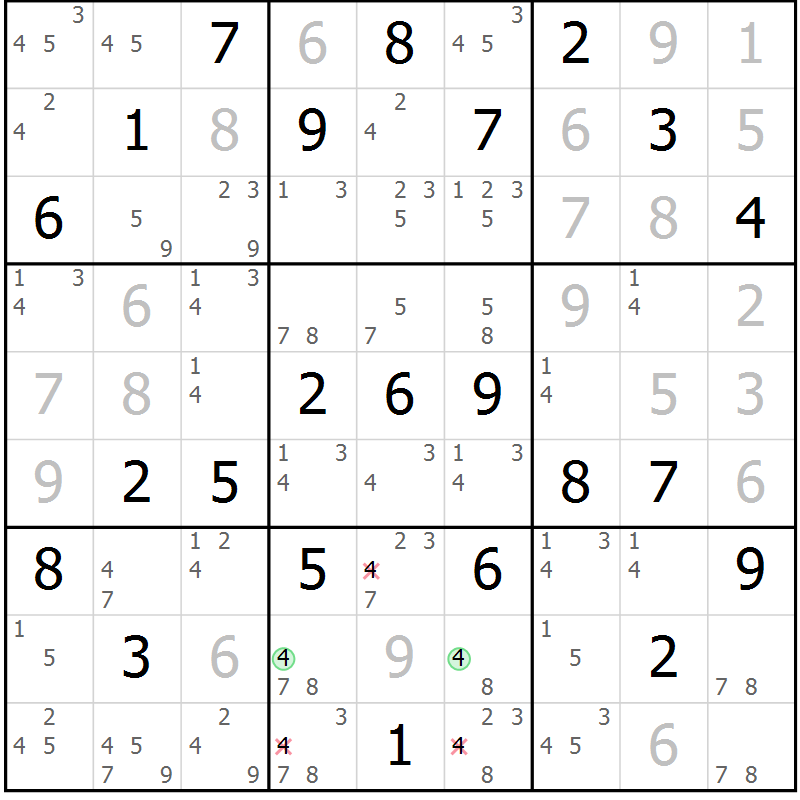 Position des candidats pour la solution de la Gr 28 page 31 du magazine de sudoku Virtuose n° 109