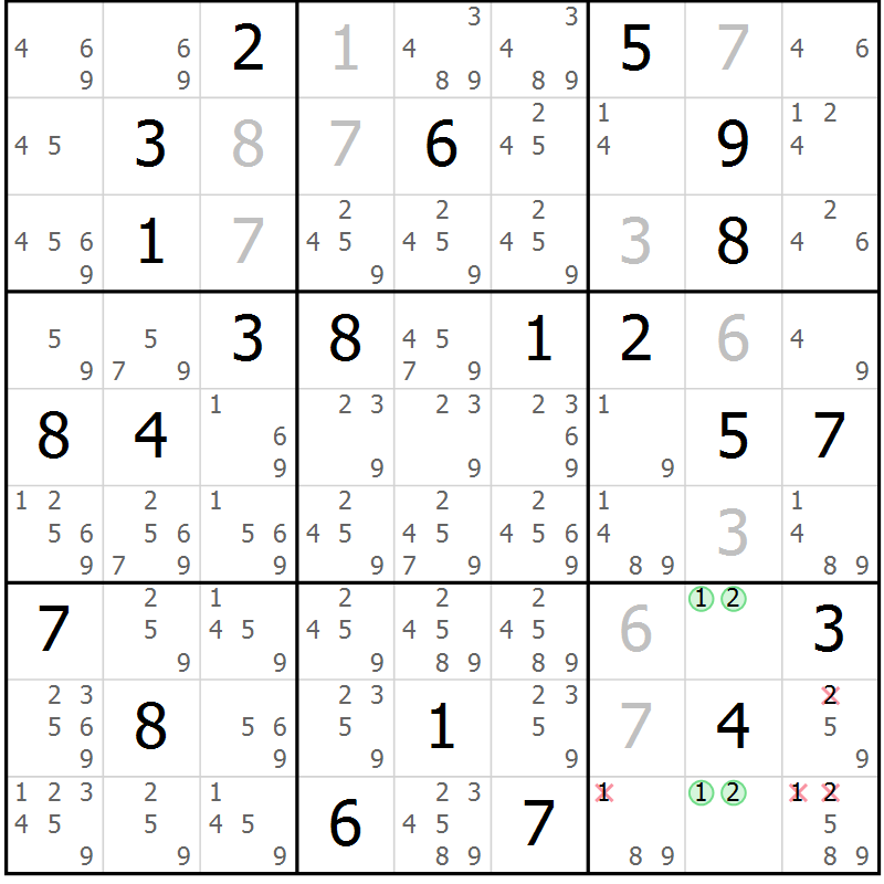 Position des candidats pour la solution de la Gr 3 page 6 du magazine de sudoku Virtuose n° 109