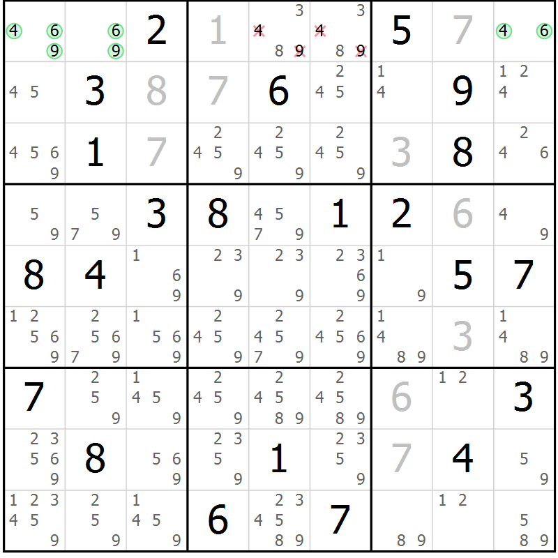 Position des candidats pour la solution de la Gr 3 page 6 du magazine de sudoku Virtuose n° 109