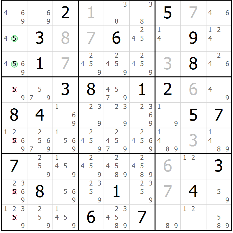 Position des candidats pour la solution de la Gr 3 page 6 du magazine de sudoku Virtuose n° 109