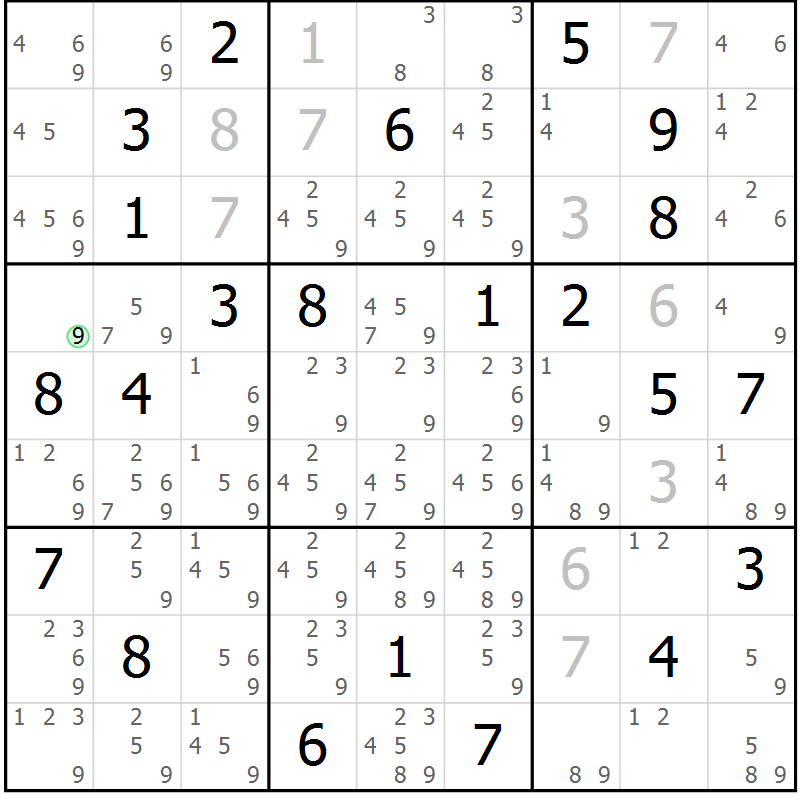Position des candidats pour la solution de la Gr 3 page 6 du magazine de sudoku Virtuose n° 109