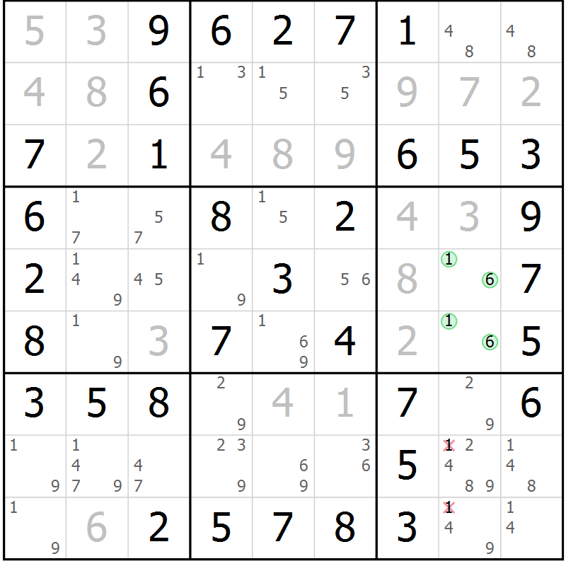Position des candidats pour la solution de la Gr 33 page 36 du magazine de sudoku Virtuose n° 109