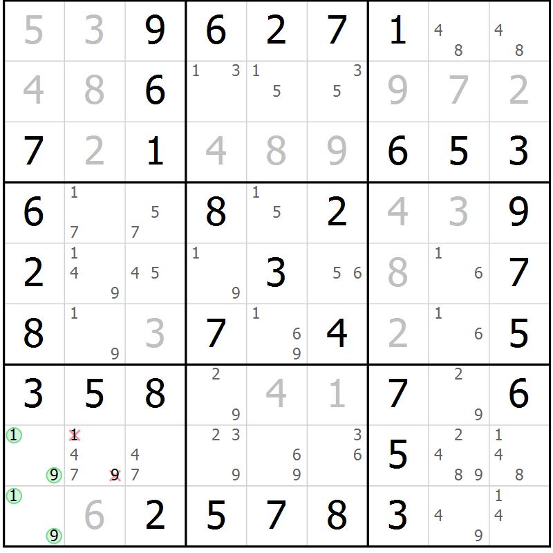 Position des candidats pour la solution de la Gr 33 page 36 du magazine de sudoku Virtuose n° 109
