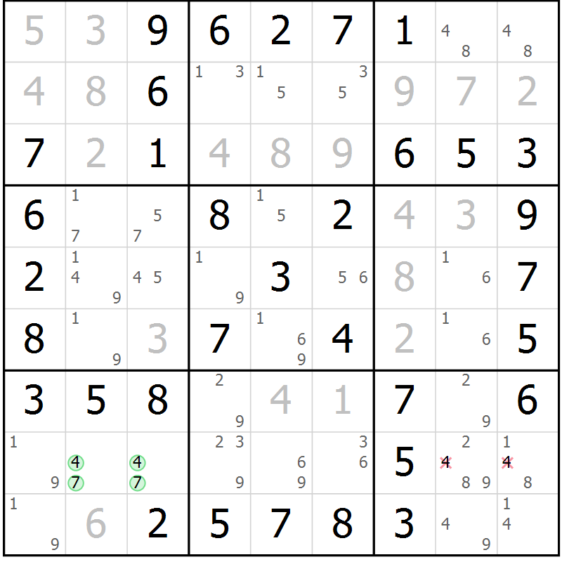 Position des candidats pour la solution de la Gr 33 page 36 du magazine de sudoku Virtuose n° 109