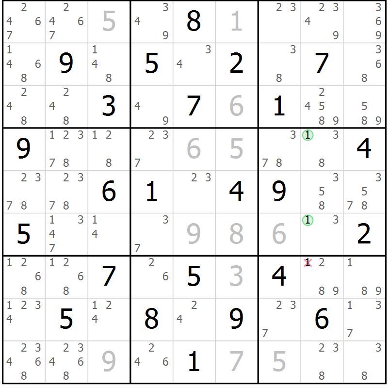 Position des candidats pour la solution de la Gr 36 page 39 du magazine de sudoku Virtuose n° 109