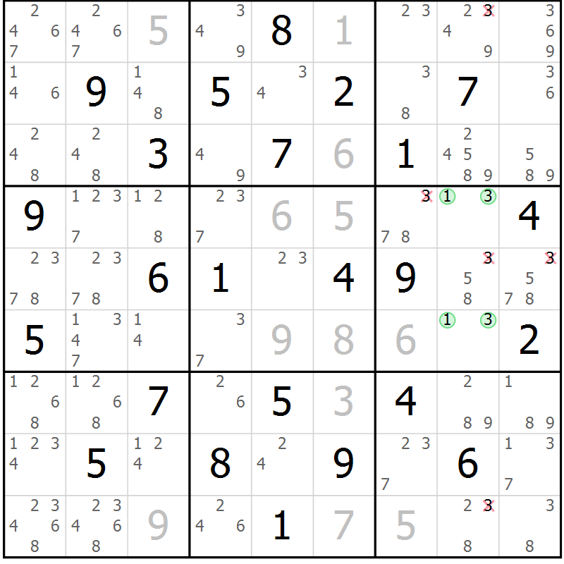 Position des candidats pour la solution de la Gr 36 page 39 du magazine de sudoku Virtuose n° 109