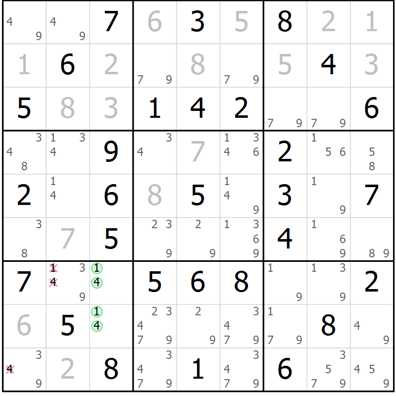 Position des candidats pour la solution de la Gr 38 page 41 du magazine de sudoku Virtuose n° 109