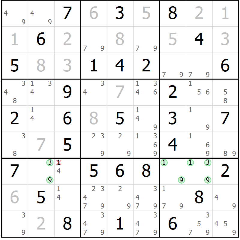 Position des candidats pour la solution de la Gr 38 page 41 du magazine de sudoku Virtuose n° 109