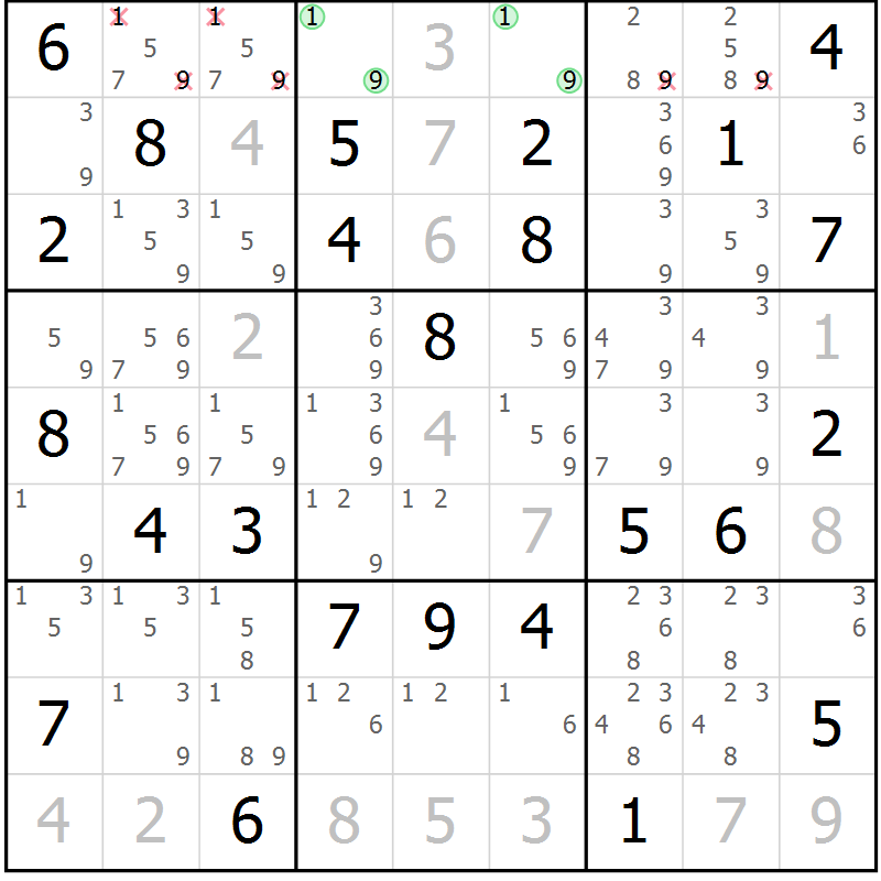 Position des candidats pour la solution de la Gr 42 page 45 du magazine de sudoku Virtuose n° 109