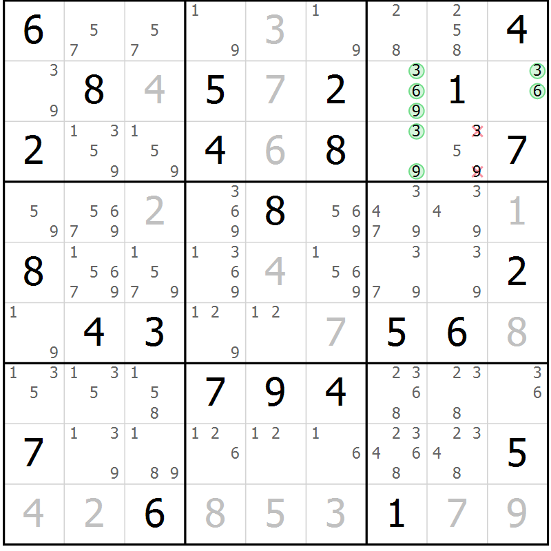 Position des candidats pour la solution de la Gr 42 page 45 du magazine de sudoku Virtuose n° 109