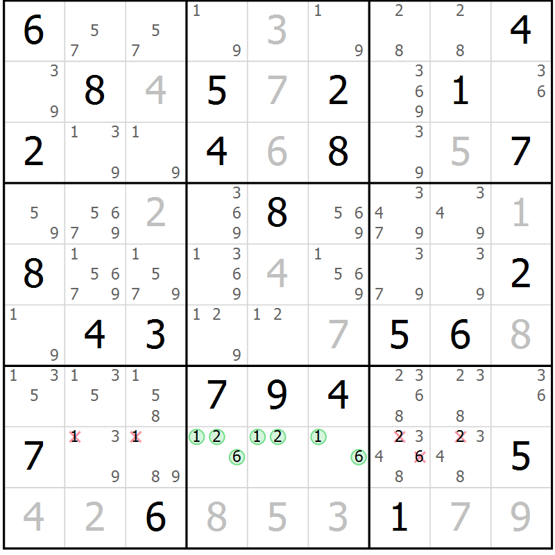 Position des candidats pour la solution de la Gr 42 page 45 du magazine de sudoku Virtuose n° 109