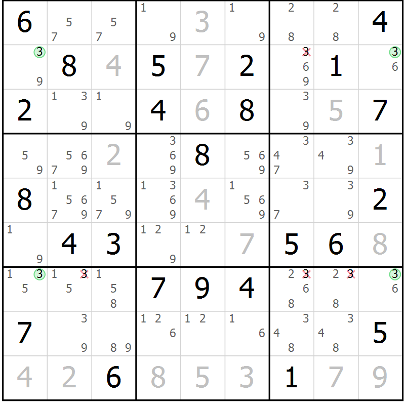Position des candidats pour la solution de la Gr 42 page 45 du magazine de sudoku Virtuose n° 109
