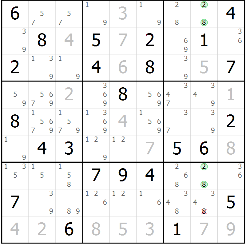 Position des candidats pour la solution de la Gr 42 page 45 du magazine de sudoku Virtuose n° 109
