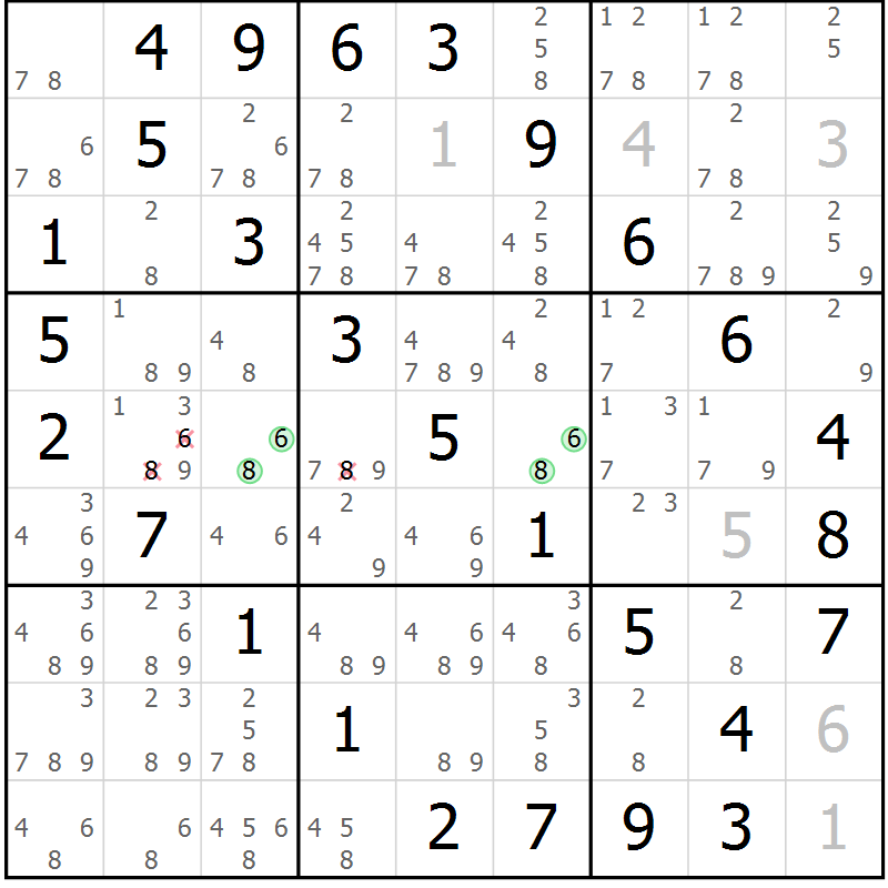 Position des candidats pour la solution de la Gr 43 page 46 du magazine de sudoku Virtuose n° 109
