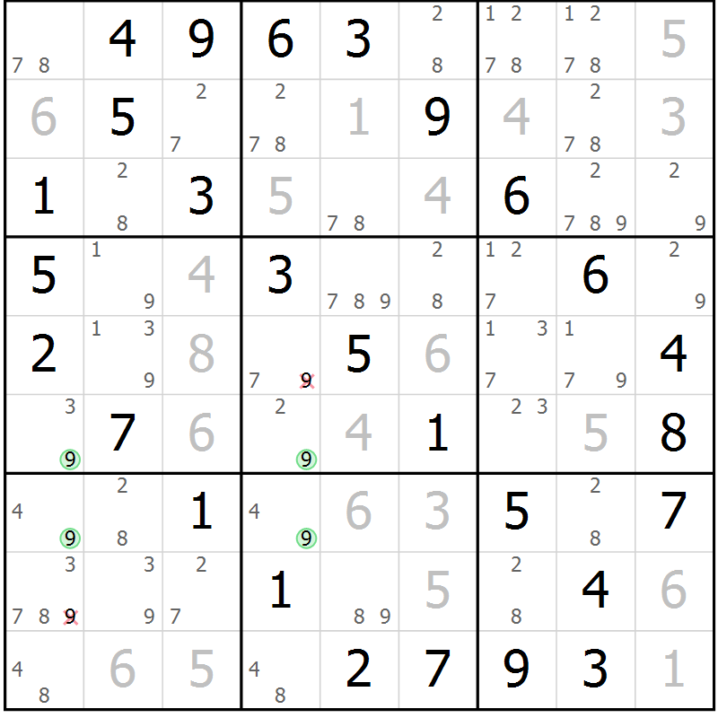 Position des candidats pour la solution de la Gr 43 page 46 du magazine de sudoku Virtuose n° 109