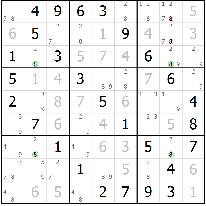 Position des candidats pour la solution de la Gr 43 page 46 du magazine de sudoku Virtuose n° 109