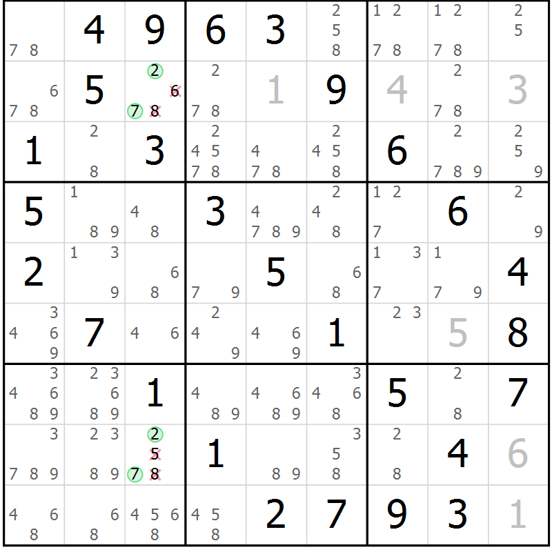 Position des candidats pour la solution de la Gr 43 page 46 du magazine de sudoku Virtuose n° 109