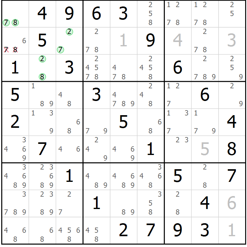 Position des candidats pour la solution de la Gr 43 page 46 du magazine de sudoku Virtuose n° 109