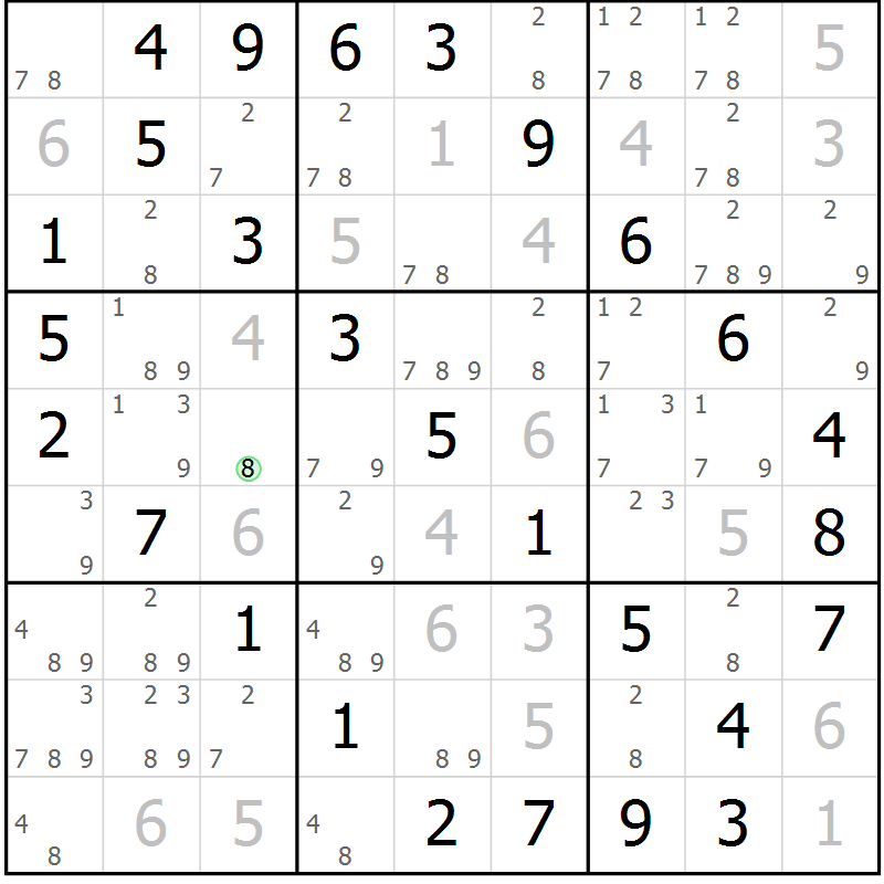 Position des candidats pour la solution de la Gr 43 page 46 du magazine de sudoku Virtuose n° 109