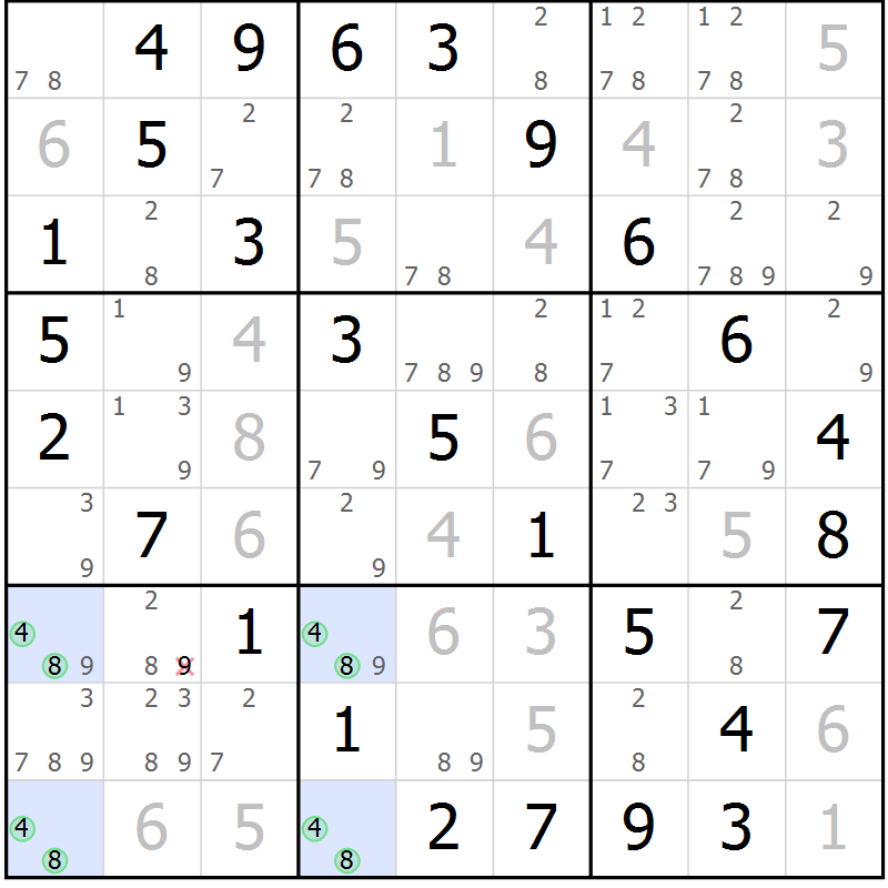 Position des candidats pour la solution de la Gr 43 page 46 du magazine de sudoku Virtuose n° 109