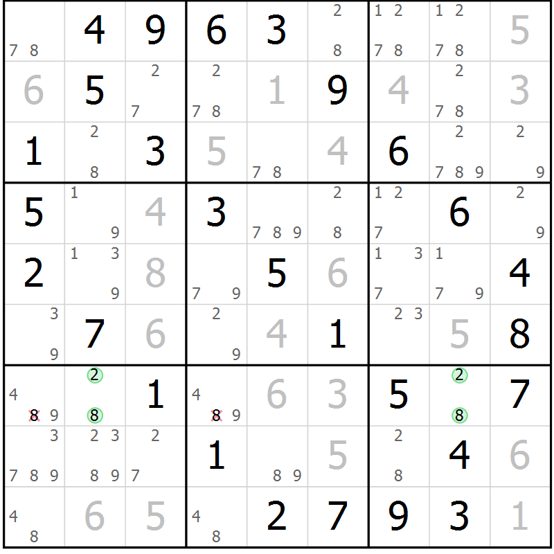Position des candidats pour la solution de la Gr 43 page 46 du magazine de sudoku Virtuose n° 109